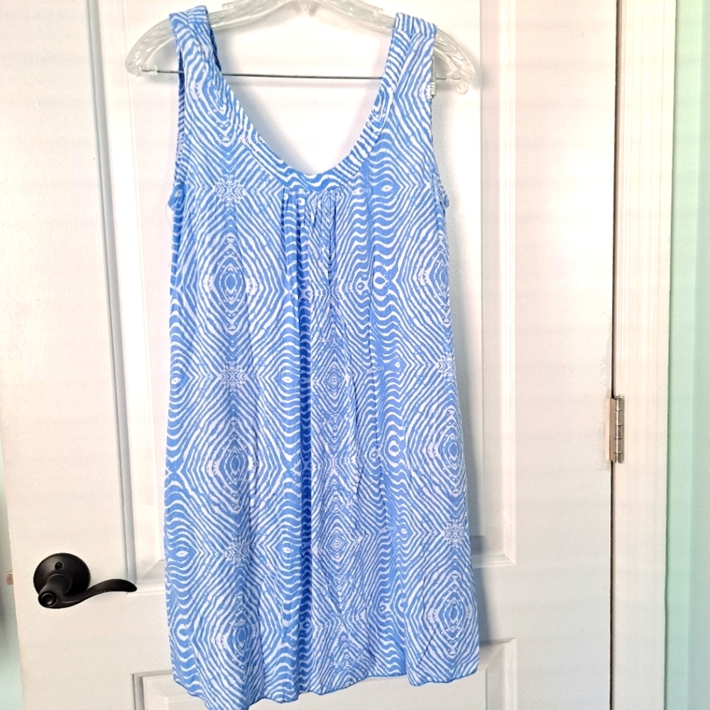 Tank Dress Beach Cover Up Lightweight Pockets Swim Small Blue White Print